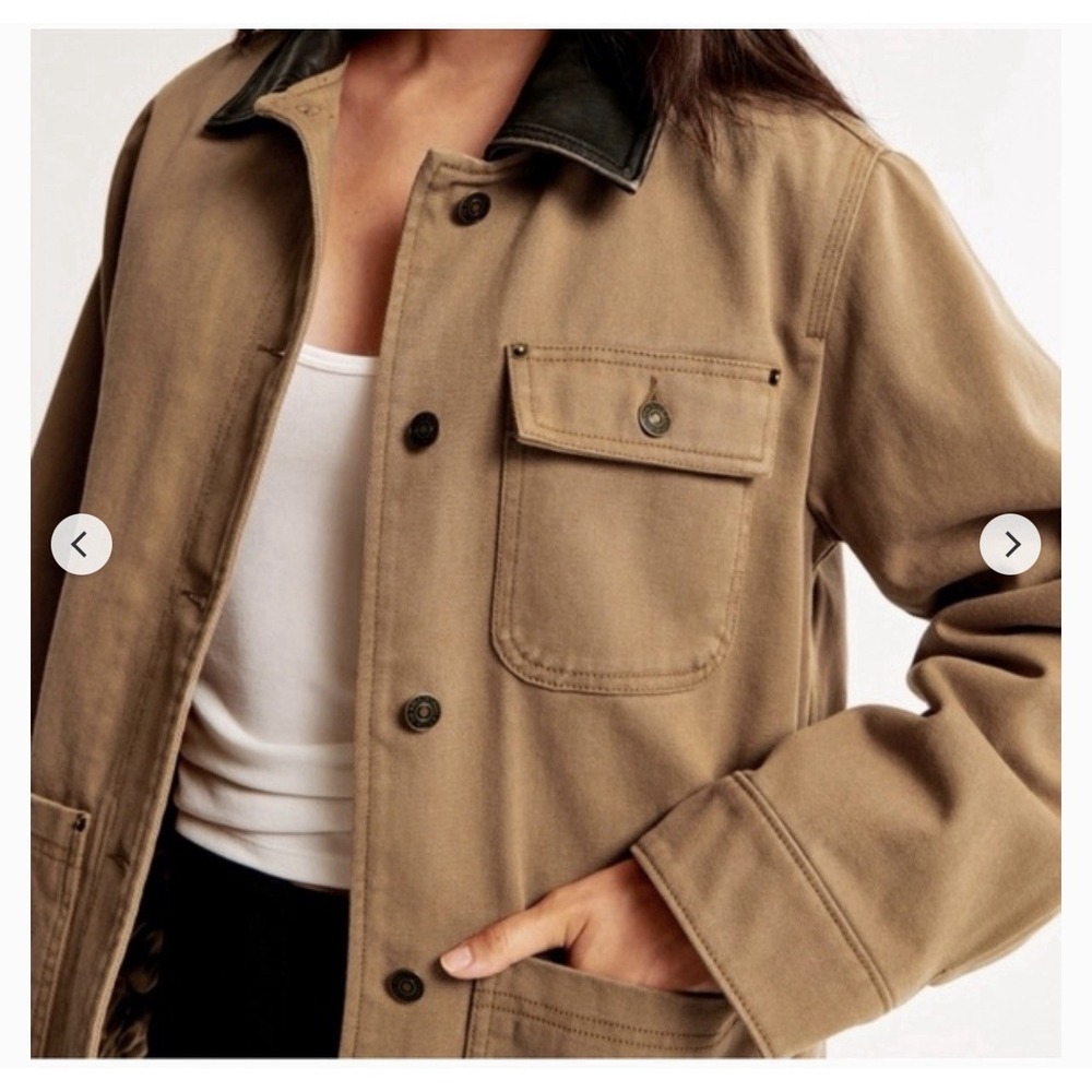 Abercrombie & Fitch Barn Jacket Size Large 90s Brown Canvas Chore Coat Collar - Picture 11 of 13